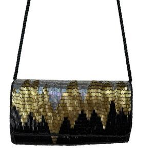 DLS International Purse‎ Clutch Shoulder Strap Beaded Sequins Black Gold Silver